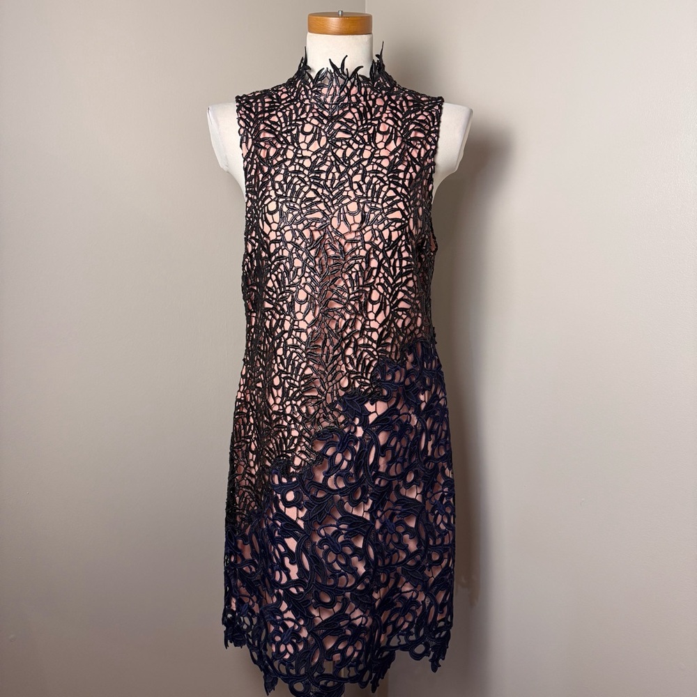 TOPSHOP Asymmetrical Open Lace Sheath Dress PINK-NAVY / SIZE 10
